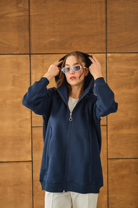 Süveter Detay Kapüşonlu Hırka Lacivert