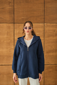 Süveter Detay Kapüşonlu Hırka Lacivert