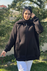 Süveter Detay Kapüşonlu Hırka Siyah