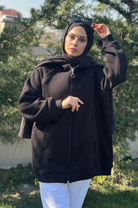 Süveter Detay Kapüşonlu Hırka Siyah