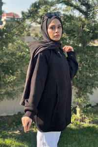 Süveter Detay Kapüşonlu Hırka Siyah