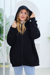 Süveter Detay Kapüşonlu Hırka Siyah