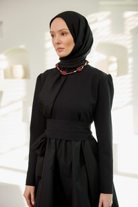 Tafta-Dabıl Garni Elbise Siyah