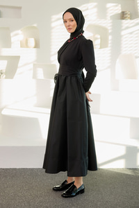 Tafta-Dabıl Garni Elbise Siyah