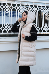 Tam Dolum Kapüşonlu Şişme Yelek Bej