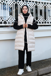 Tam Dolum Kapüşonlu Şişme Yelek Bej