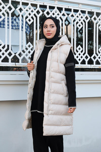 Tam Dolum Kapüşonlu Şişme Yelek Bej