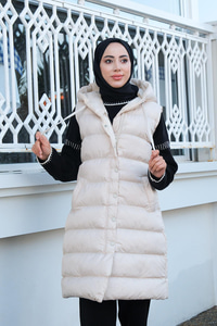 Tam Dolum Kapüşonlu Şişme Yelek Bej