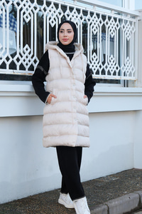 Tam Dolum Kapüşonlu Şişme Yelek Bej