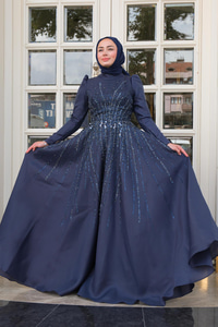 Taş Aksesuarlı Abiye Lacivert