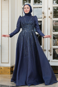 Taş Aksesuarlı Abiye Lacivert