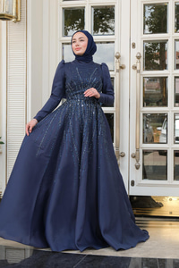 Taş Aksesuarlı Abiye Lacivert