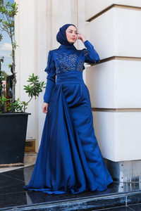 Taş Aksesuarlı Abiye Lacivert