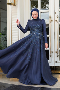 Taş Aksesuarlı Abiye Lacivert