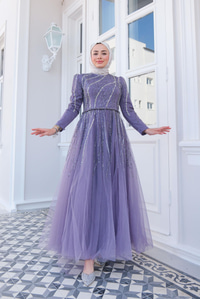 Taş Aksesuarlı Abiye Lila