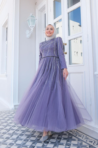 Taş Aksesuarlı Abiye Lila