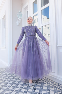 Taş Aksesuarlı Abiye Lila