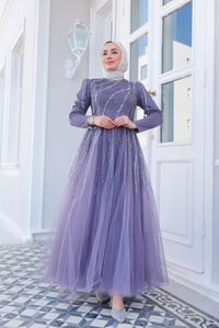 Taş Aksesuarlı Abiye Lila