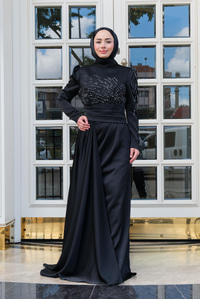 Taş Aksesuarlı Abiye Siyah