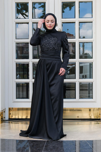 Taş Aksesuarlı Abiye Siyah
