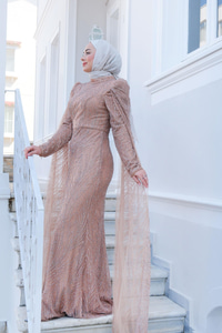 Taş Aksesuarlı Abiye Vizon