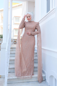 Taş Aksesuarlı Abiye Vizon