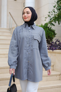 Taş Aksesuarlı Gömlek Gri