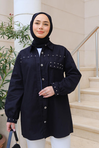 Taş Aksesuarlı Gömlek Siyah