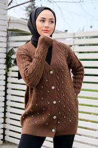 Taş Aksesuarlı Hırka Kahverengi