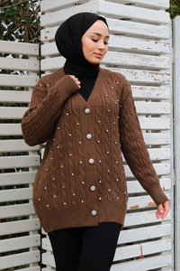 Taş Aksesuarlı Hırka Kahverengi