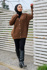 Taş Aksesuarlı Hırka Kahverengi