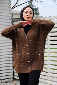 Taş Aksesuarlı Hırka Kahverengi