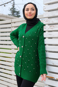 Taş Aksesuarlı Hırka Yeşil