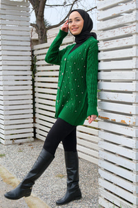 Taş Aksesuarlı Hırka Yeşil