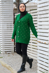 Taş Aksesuarlı Hırka Yeşil