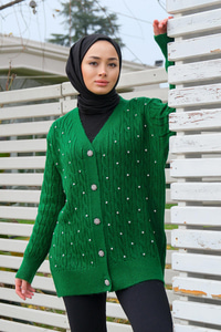 Taş Aksesuarlı Hırka Yeşil