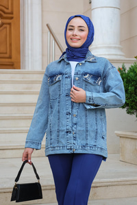 Taş Aksesuarlı Kot Ceket  Buz Mavi