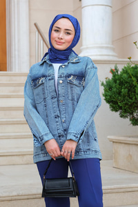 Taş Aksesuarlı Kot Ceket  Buz Mavi