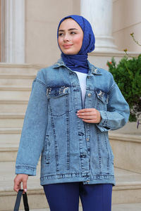 Taş Aksesuarlı Kot Ceket  Buz Mavi