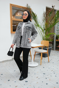 Taş Aksesuarlı Kot Ceket  Füme