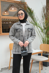 Taş Aksesuarlı Kot Ceket  Füme