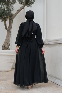 Taş Aksesuarlı Tul Abiye Siyah