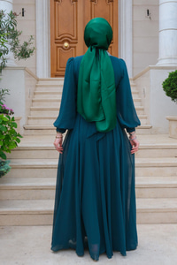 Taş Aksesuarlı Tul Abiye Zümrüt Yeşil