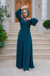 Taş Aksesuarlı Tul Abiye Zümrüt Yeşil