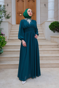 Taş Aksesuarlı Tul Abiye Zümrüt Yeşil