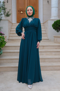 Taş Aksesuarlı Tul Abiye Zümrüt Yeşil