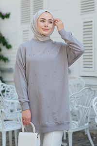 Taş Aksesuarlı Tunik Gri