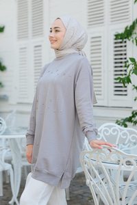 Taş Aksesuarlı Tunik Gri