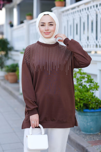 Taş Aksesuarlı Tunik Kahverengi