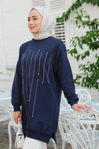 Taş Aksesuarlı Tunik Lacivert